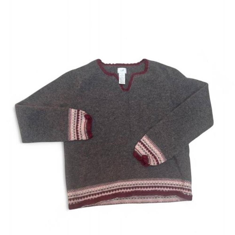 J. Jill Lambswool Angora Fair Isle Trim Sweater SP Petite Brown Split Neck Cozy